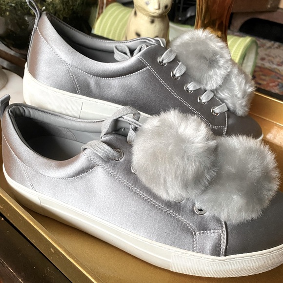 J. Slides Silver Gray Satin Platform Sneakers w/Pompoms - Size 10 - Picture 3 of 8